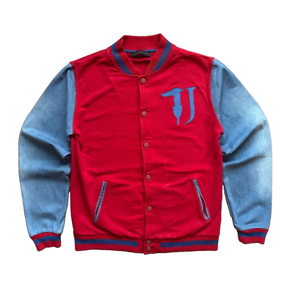 Trussardi Jeans Varsity Bomber Denim Jacket Mens M Red Blue Embroidered Logo